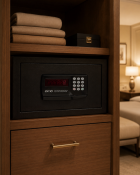A JSH digital room safe featuring a textured matte black steel construction, a front-access
