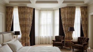 A Comprehensive Set of Four Pairs of Luxury Custom-Tailored Tree Pattern and Silk Drapes The