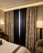 A Luxury Window Drapery Suite Comprising a Pair of Silk Interlined Curtains and Coordinating Show