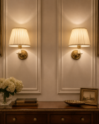 A Pair of Classical Style Antique Brass Swing-Arm Wall Reading Lamps Each lamp features a swivelling