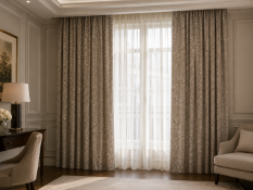 A Luxury Window Drapery Suite Comprising Three Pairs of Silk Interlined Curtains and Coordinating