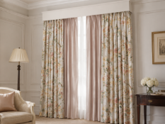 A Luxury Window Drapery Suite Comprising Two Pairs of Silk Interlined Curtains and Coordinating