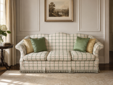 Country House Style Plaid Three-Seater Sofa. The sofa features a striking, undulating serpentine