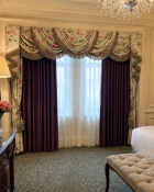 Two Pairs of Luxury Interlined Silk Drapes with Ornate Floral Swags, Tails, and Jabots An