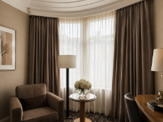 A Luxury Window Drapery Collection Comprising Three Pairs of Patterned Silk Interlined Curtains A