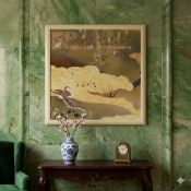A Japanese Edo Rimpa School Style Print of Mandarin Ducks, A high-quality square decorative colour