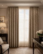 An extensive group of three pairs of custom-tailored, luxury interlined window drapes designed for a