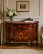 A George III Style Inlaid Mahogany Demilune Commode The commode features a semi-elliptical (