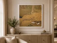 A Japanese Edo Rimpa School Style Print of Mandarin Ducks, A high-quality square decorative colour