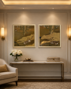A pair of Japanese Edo Rimpa School Style Prints of Mandarin Ducks, A high-quality square decorative