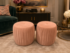 A pair of Contemporary Pleated Velvet Cylinder Pouffe A compact, circular upholstered pouffe or