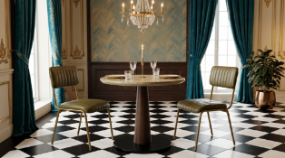 A Premium Travertine Stone Circular Dining Table and 2 x chairs The circular table top features