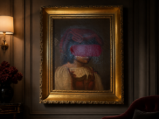 A Contemporary "Altered Art" Painting – Portrait in Gilt Frame A compelling and witty contemporary