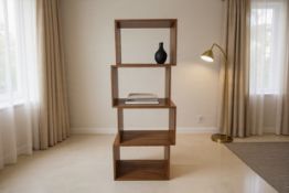 Bespoke Walnut Staggered 4-Tier Shelving Unit A contemporary, architectural open-back shelving