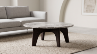 Timothy Oulton Seville Round Coffee Table (70cm) in Marble Orio Grey Satin & Dark Brown Ash is a