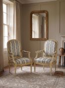 A Pair of Louis XVI Style Giltwood and Painted Fauteuil Armchair, Après Jean – Baptiste Sené, 19th