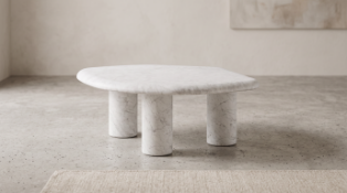 Timothy Oulton Arno Coffee Table (Small, 95 x 74cm) in Marble White Satin is a compact, sculptural