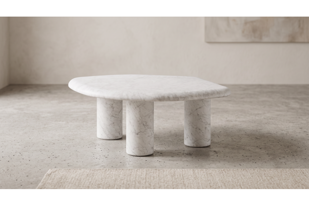 Timothy Oulton Arno Coffee Table (Small, 95 x 74cm) in Marble White Satin is a compact, sculptural - Image 1 of 2