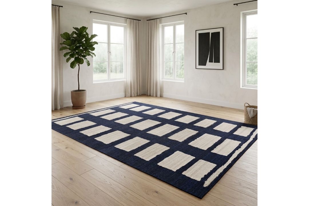 Timothy Oulton Istanbul Grid Carpet 375 x 279cm— Blue Beige The Timothy Oulton Istanbul Grid
