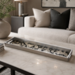 Floral Tray An elegant long decorative Floral Tray, showcasing a sleek silver-finished timber