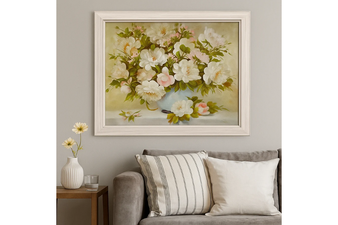 Floral Wall Art Elegant Floral Wall Art piece, featuring a classic still-life painting of lush white