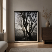 Forest black and white print wall art Atmospheric Forest Wall Art piece, featuring a large-scale