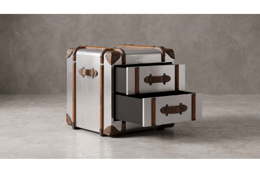 Timothy Oulton Globetrekker 2 Drawer Side Table Aero Harking back to the romantic era of long sea - Image 2 of 2