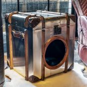 Timothy Oulton Globetrekker Dog Trunk in Aero & Black Canvas is a playfully luxurious pet