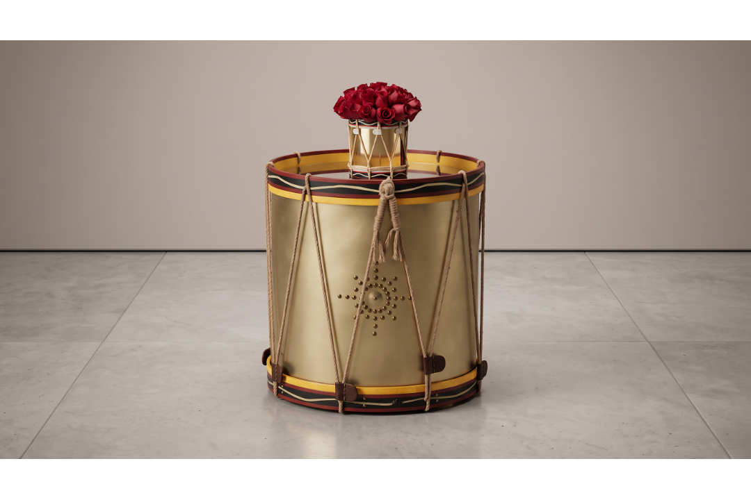 Timothy Oulton Regiment Drum Side Table in Painted Wood is a bold, conversational piece steeped in - Image 2 of 2