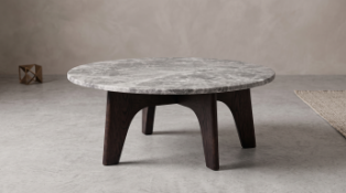 Timothy Oulton Seville Round Coffee Table (90cm) in Marble Orio Grey Satin & Dark Brown Ash is a