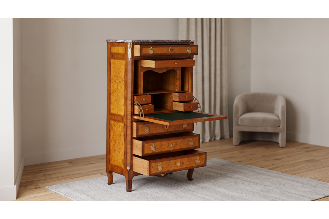 Louis XVI Stationary cabinet "Béal" Inlaid work – Marble top – Made of solid cherrywood brilliant - Image 1 of 9