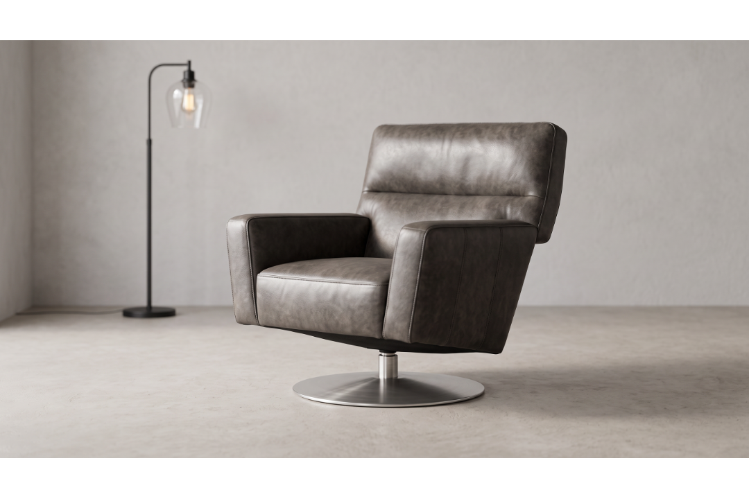 Timothy Oulton Silva Swivel Chair in Hand Tipped Graphite Brushed Stainless Steel is a sleek, - Image 1 of 2