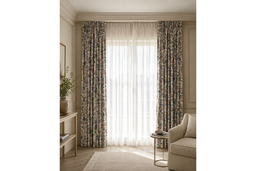 A pair of fully lined pencil pleat drapes in Sanderson "Birds & Berries" Fern fabric. Part of the - Image 1 of 3