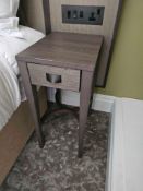 A pair of matching nightstands, each featuring a single drawer with a grey textured woven front