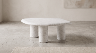 Timothy Oulton Arno Coffee Table (Small, 95 x 74cm) in Marble White Satin is a compact, sculptural