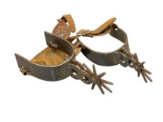 VINTAGE STEEL TWO PIECE WESTERN SPURS WITH LARGE ROWELS AND LEATHER STRAPS