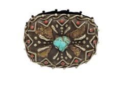 VINTAGE SIGNED SILVER PLATED AND COPPER ACCENED TURQUOISE AND CORAL BELT BUCKLE