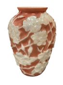 1930'S ART DECO PHOENIX / CONSOLIDATED GLASS CO. WILD ROSE PATTERN SCULPTED GLASS VASE