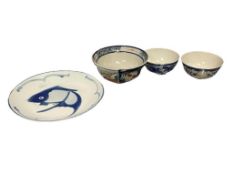ASSORTED CHINESE AND JAPANESE PORCELAIN TABLEWARE INCLUDING TEA CUPS, BOWL, AND FISH PLATE