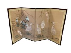 FOUR PIECE JAPANESE BYOBU HAND PAINTED SILK PANEL WITH WADING EGRETS AND FLOWERS