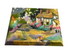 ORIGINAL ACRYLIC ON CANVAS DECOR PAINTING OF A COTTAGE FEATURING VIBRANT COLORS