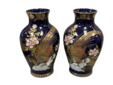 PAIR OF JAPANESE PORCELAIN VASES IN COBALT GLAZE WITH BIRD AND FLORAL TRADITIONAL DESIGN
