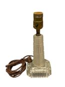 VINTAGE PRESSED GLASS ART-DECO STYLED TABLE LAMP WITH SQUARE BASE AND FLUTED COLUMN