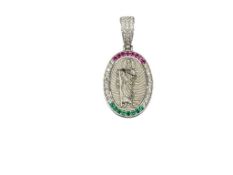 STERLING SILVER OUR LADY GUADALUPE PENDANT FEATURING LAB CREATED RUBIES, GREEN AND COLORLESS CZS