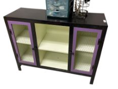 HAND PAINTED WOOD CONSOLE WITH CHICKEN WIRE FRONT DOORS