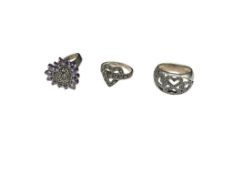 THREE STERLING SILVER MARCASITE HEART THEMED RINGS INCLUDING ONE WITH AMTEHYSTS