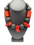 BAMBOO CORAL, LAVA ROCK, AND HEMATITE NECKLACE