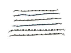 SIX STERLING SILVER OPALITE INLAY AND COLORED CZ BRACELETS