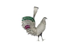 STERLING SILVER FIGURAL JEWELED ROOSTER PENDANT FEATURING LAB CREATED RUBIES