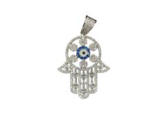STERLING HAMSA GOOD VIBES SYMBOL PENDANT FEATURING COLORLESS AND VIBRANT BLUE SIMULATED STONES